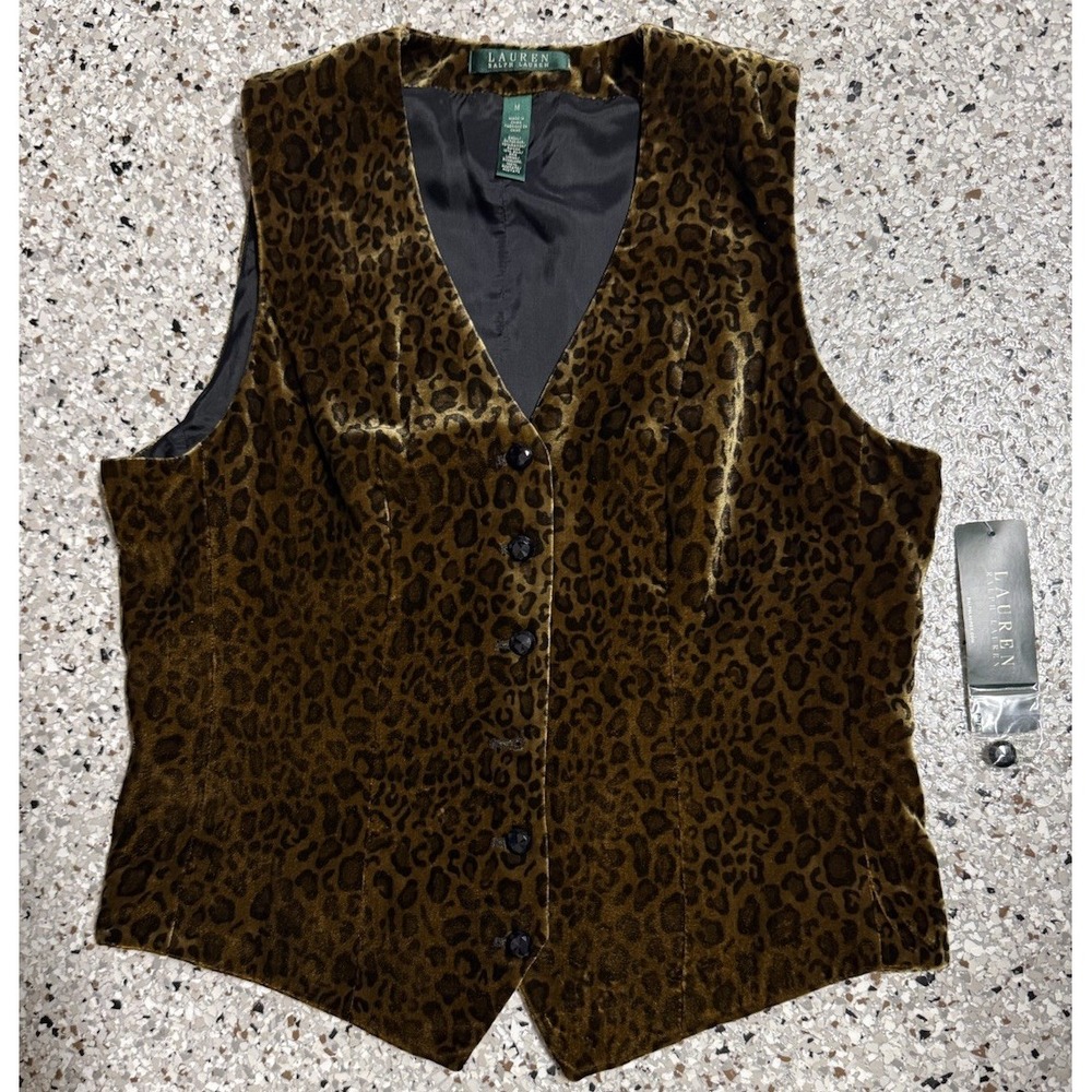Lauren Ralph Lauren Cheetah Silk Blend Button Vest Size M NWT